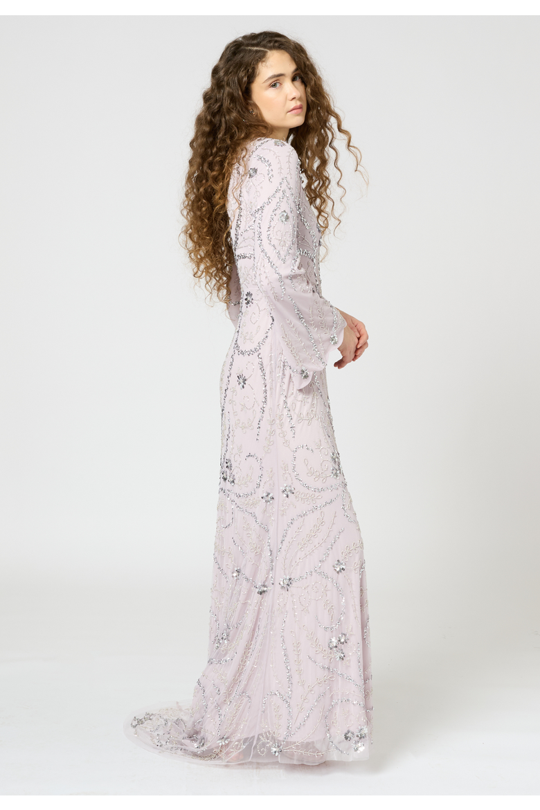 Occasion Modest Embellished Sequin Beaded Floral Evening Dress, Alternate, color, LILAC