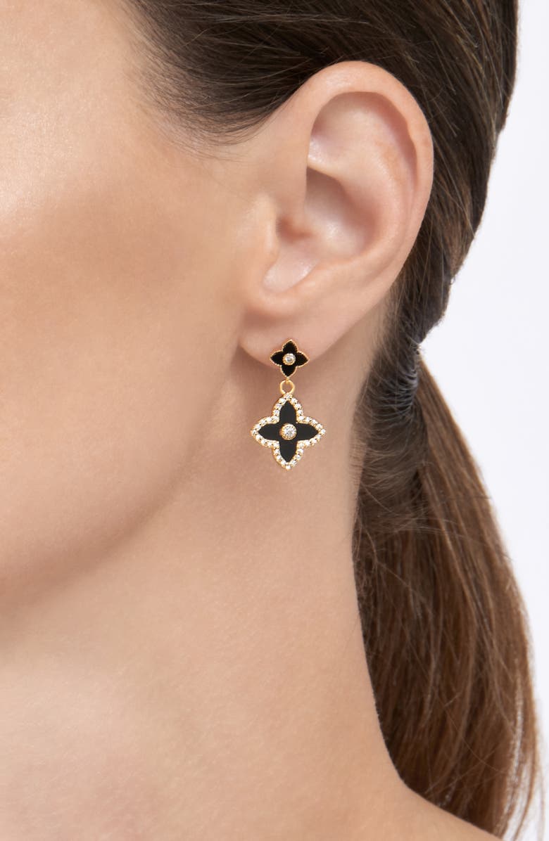 Adornia 14K Yellow Gold Plated Black Flower Drop Earrings, Alternate, color, Black