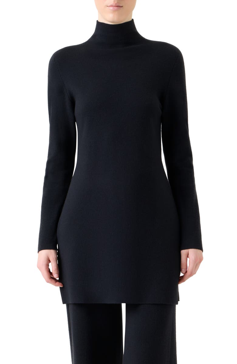 Akris Fine Gauge Cashmere & Silk Tunic Turtleneck Sweater, Main, color, Black