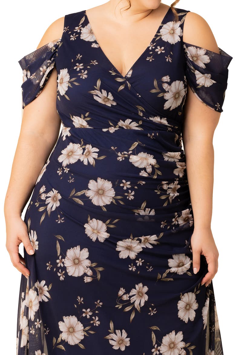 Seraphina Cold Shoulder Mesh Gown, Alternate, color, NAVY BLOOMS