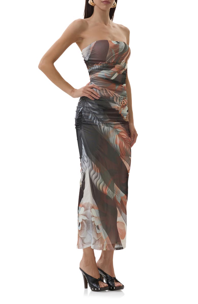 AFRM Marlo Ruched Strapless Mesh Body-Con Dress, Alternate, color, Noir Leaf Lotus