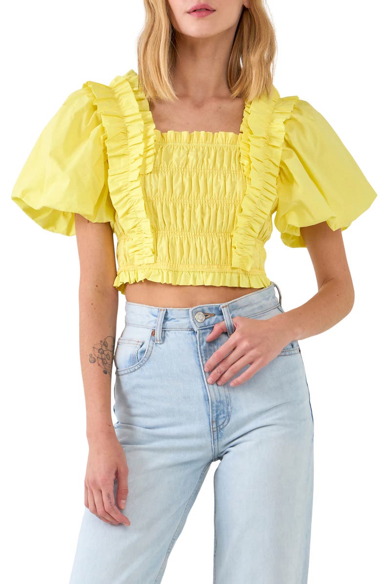 English Factory Shirred Bodice Puff Sleeve Cotton Crop Top, Main, color, Yellow