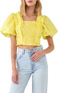 English Factory Shirred Bodice Puff Sleeve Cotton Crop Top