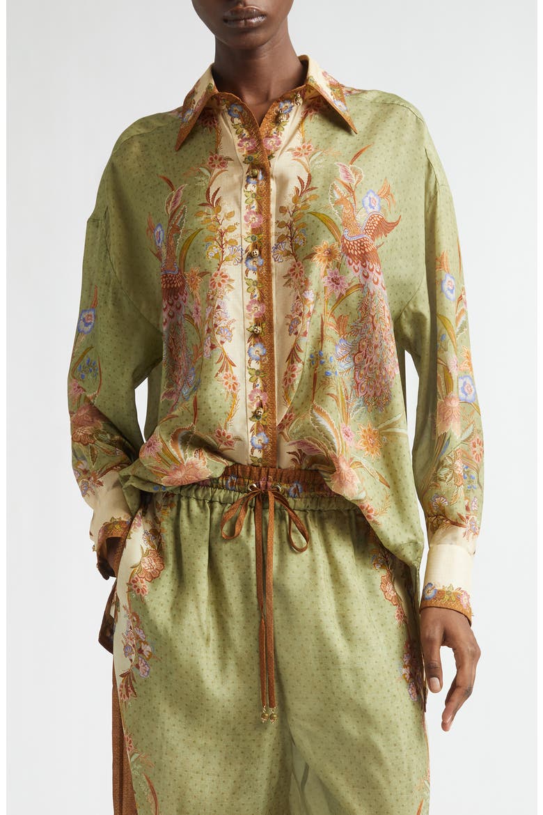 Indra Placed Print Relaxed Fit Silk Button-Up Shirt, Main, color, KHAKI SCARF FLORAL