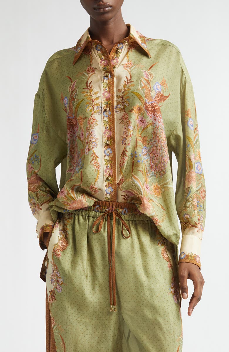 Zimmermann Indra Placed Print Relaxed Fit Silk Button-Up Shirt, Main, color, Khaki Scarf Floral