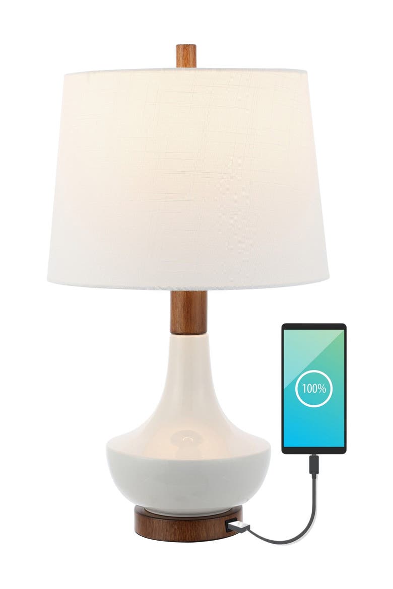 Finn 23" Vintage Minimalist Iron/Ceramic LED Mini Table Lamp with USB Charging Port, Wood Finished/White, Main, color, White/Brown Wood Finish