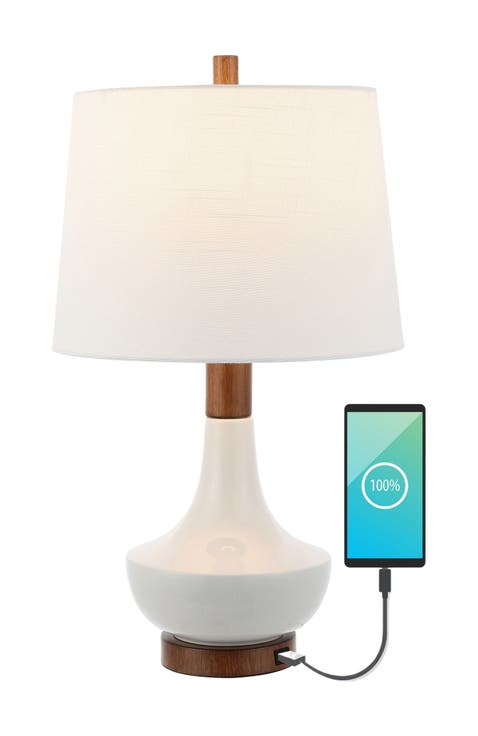 Finn 23" Vintage Minimalist Iron/Ceramic LED Mini Table Lamp with USB Charging Port, Wood Finished/White