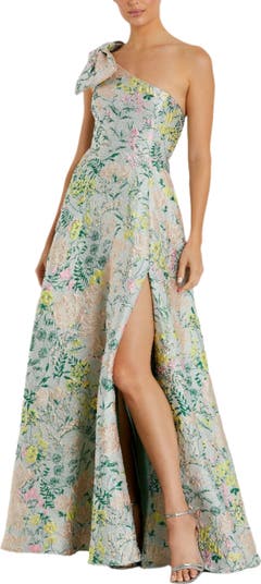 ●Mac Duggal●ブロケード ワンショルダー フローラル ガウン Multicolor One Shoulder Brocade Floral Dress With Bow | Mac