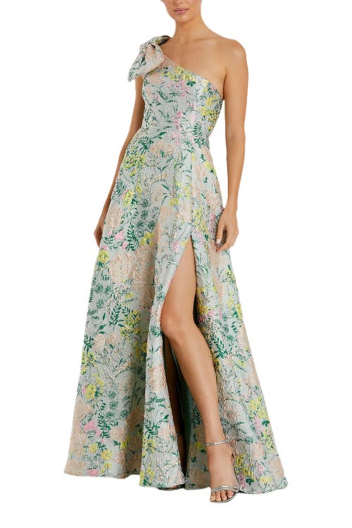 Shop Mac Duggal One Shoulder Brocade Gown With Bow Detail In Pastel Multi