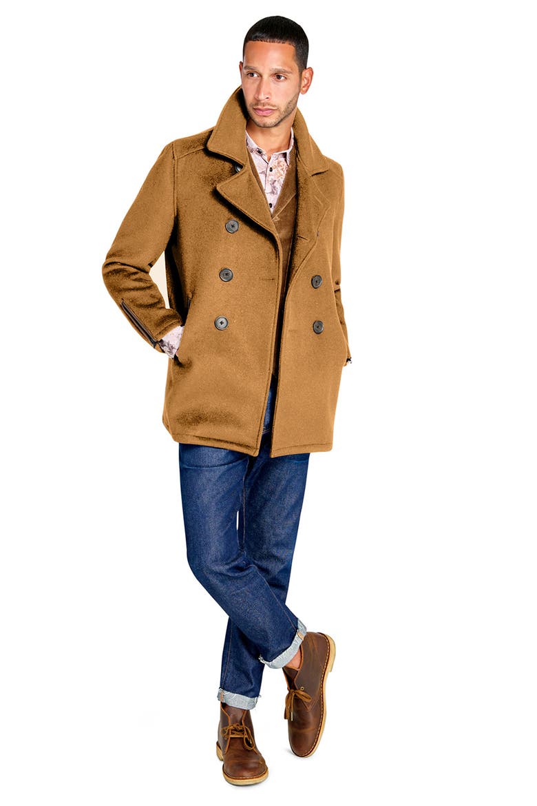 Tan Wool Double Breasted Peacoat, Alternate, color, CAMEL