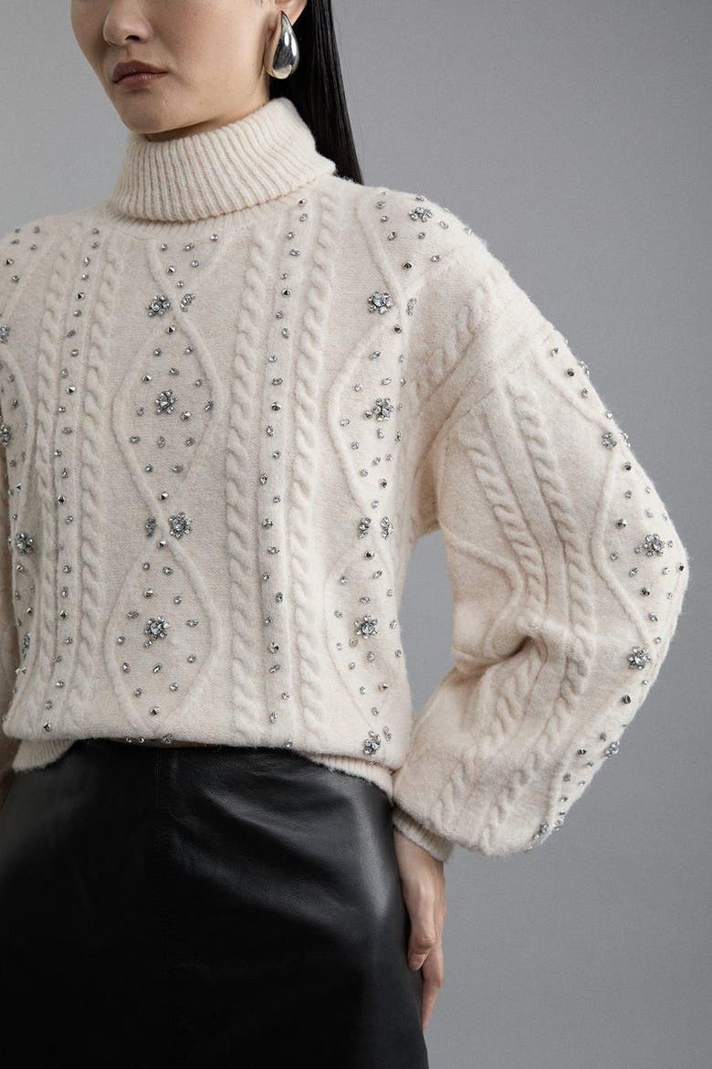 Wool Blend Embellished Cable Knit Jumper, Alternate, color, Cream
