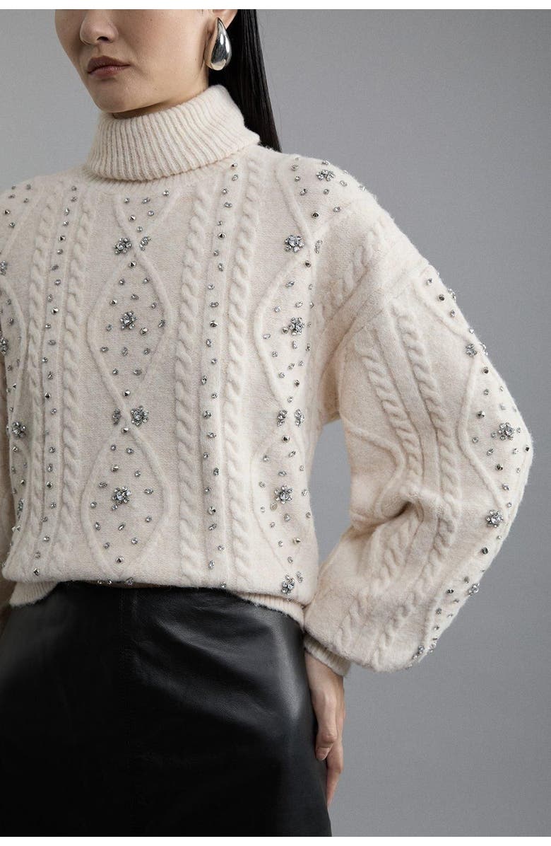 Karen Millen Wool Blend Embellished Cable Knit Jumper, Alternate, color, Cream