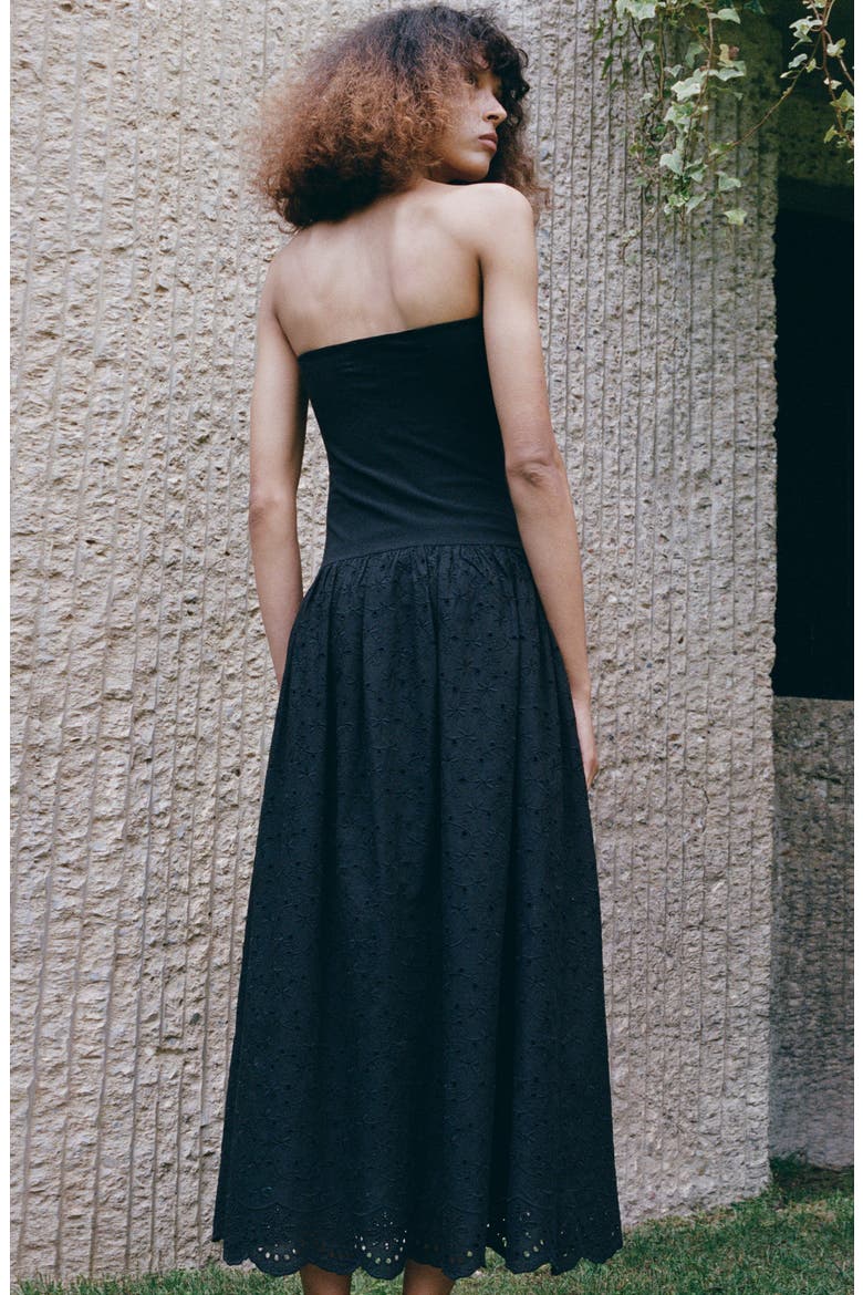 Embroidered Eyelet Strapless Maxi Dress, Alternate, color, BLACK