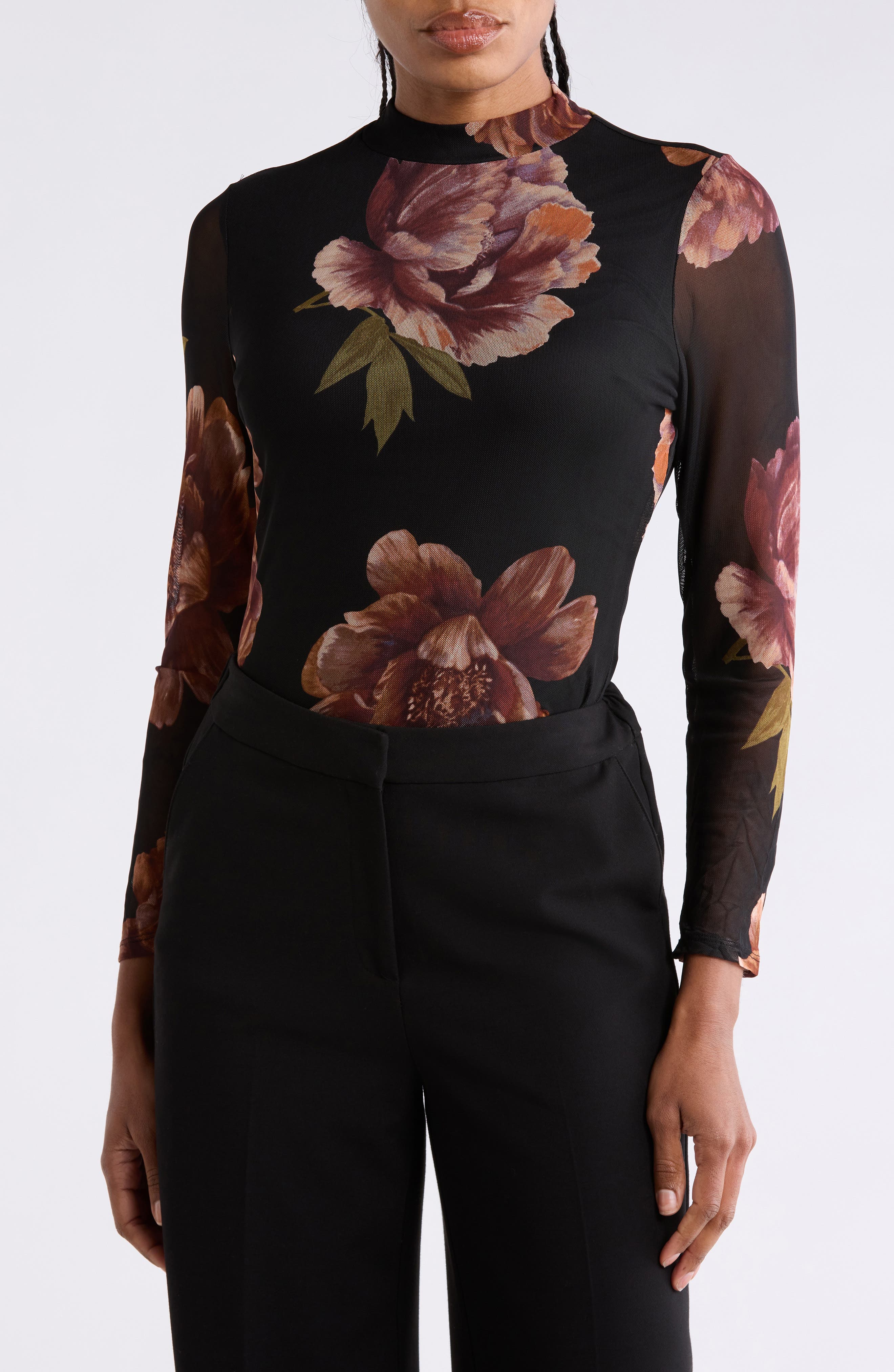 Floral Mesh Mock Neck Top