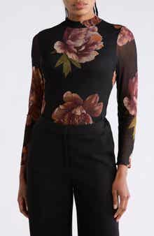 Floral Mesh Mock Neck Top