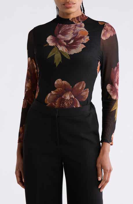 Floral Mesh Mock Neck Top