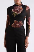 VIVID AURA Floral Mesh Mock Neck Top