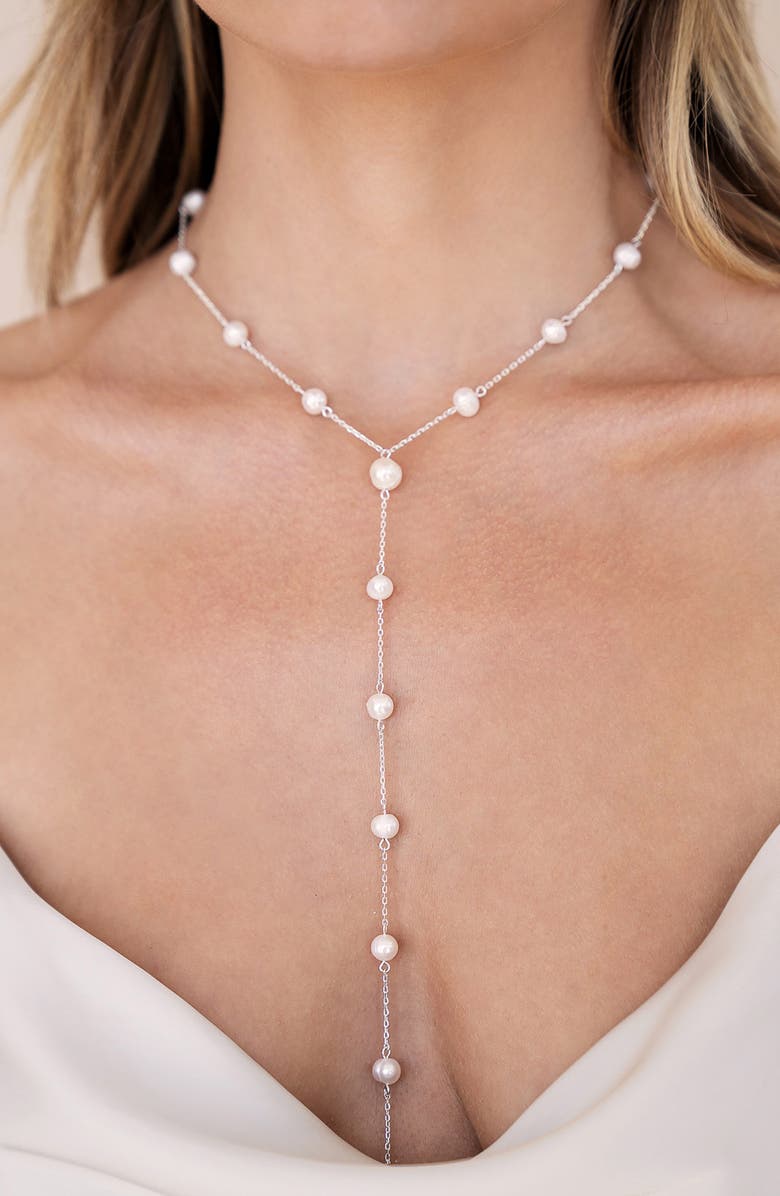 Ettika Dripping Freshwater Pearl Y-Necklace, Alternate, color, Silver