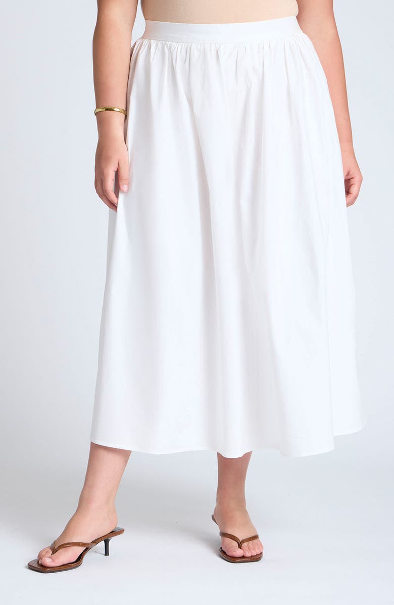 ELOQUII High Waist Stretch Cotton Poplin Midi Skirt, Main, color,