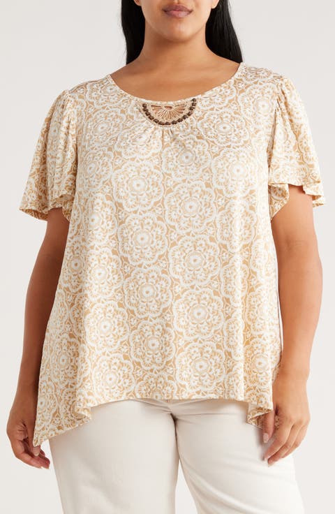 Embroidered Puff Print Flutter Sleeve T-Shirt (Plus)