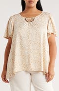 RUBY RD Embroidered Puff Print Flutter Sleeve T-Shirt