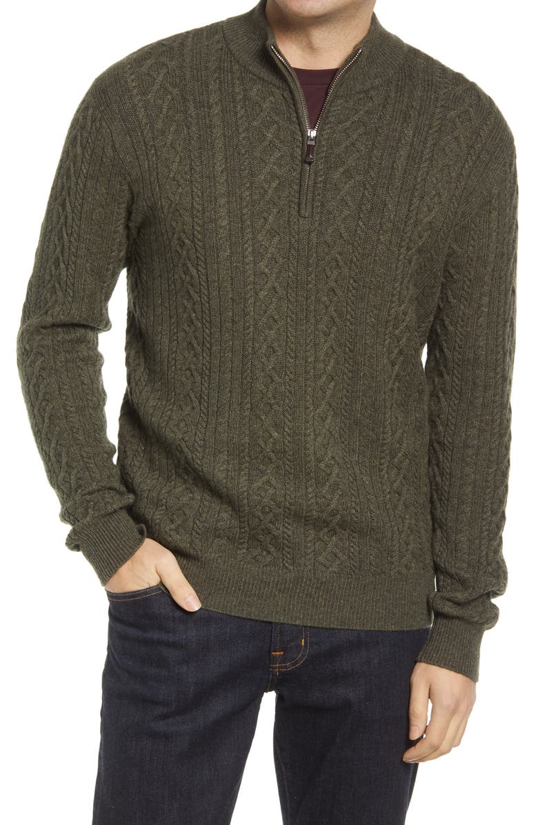 Peter Millar Men's Crown Cable Wool & Cashmere Quarter Zip Sweater, Main, color, 