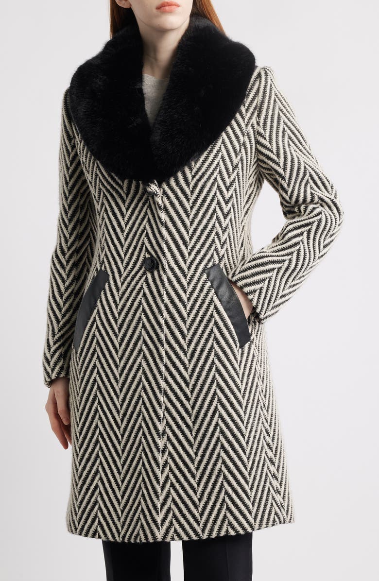 Via Spiga Herringbone Coat with Faux Fur Collar, Main, color, Jumbo Herringbone