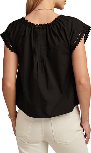 Eyelet Trim Pintuck Button-Up Top