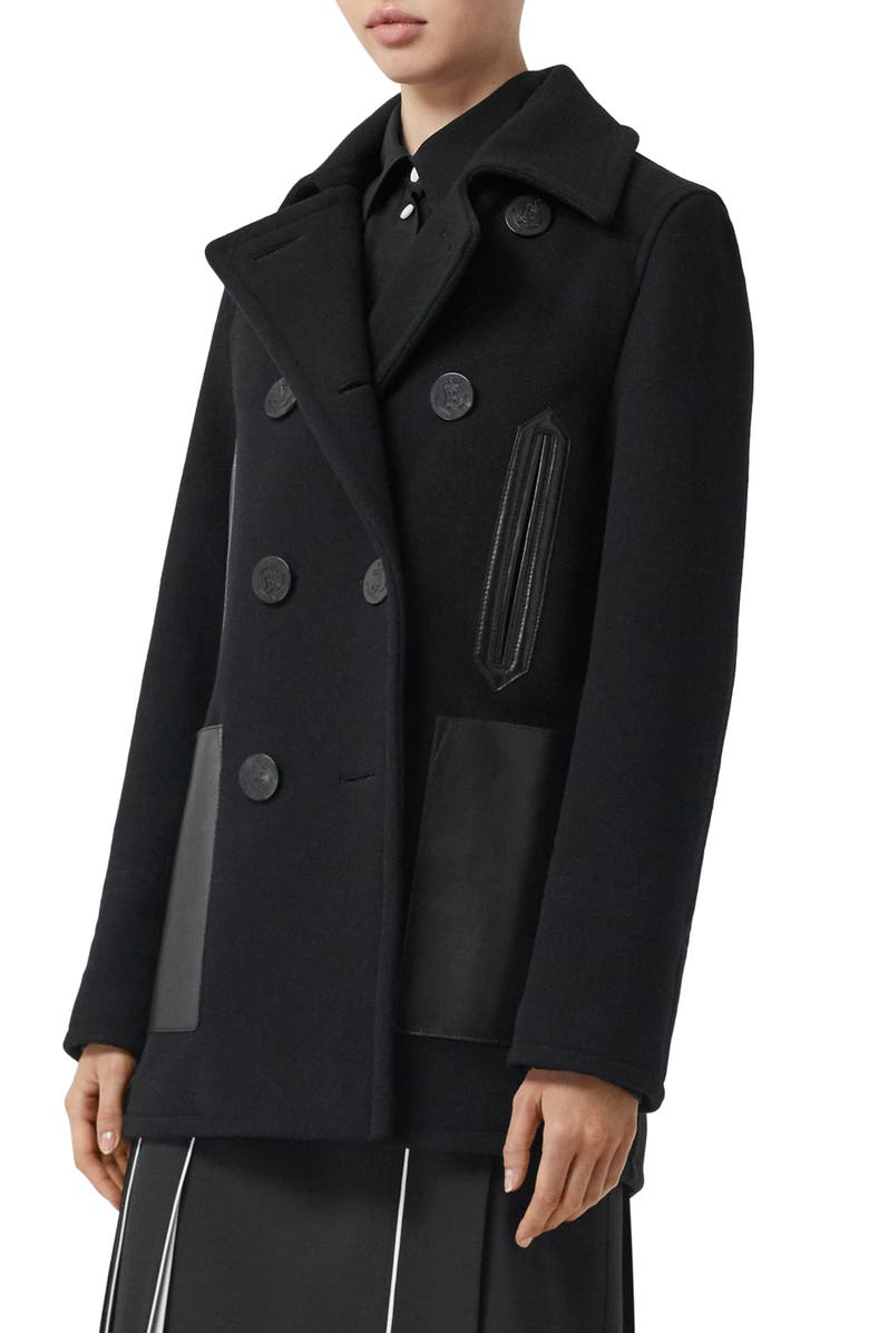 Burberry Leather Pocket Peacoat, Alternate, color, 