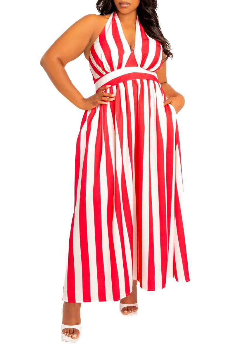 BUXOM COUTURE Stripe Halter Maxi Dress, Main, color,
