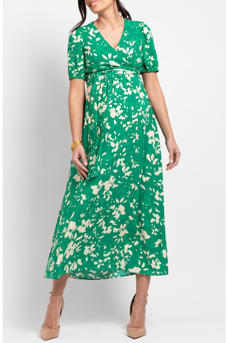 Floral Tie Waist Maternity/Nursing Midi Dress, Main, color, GREEN PRINT