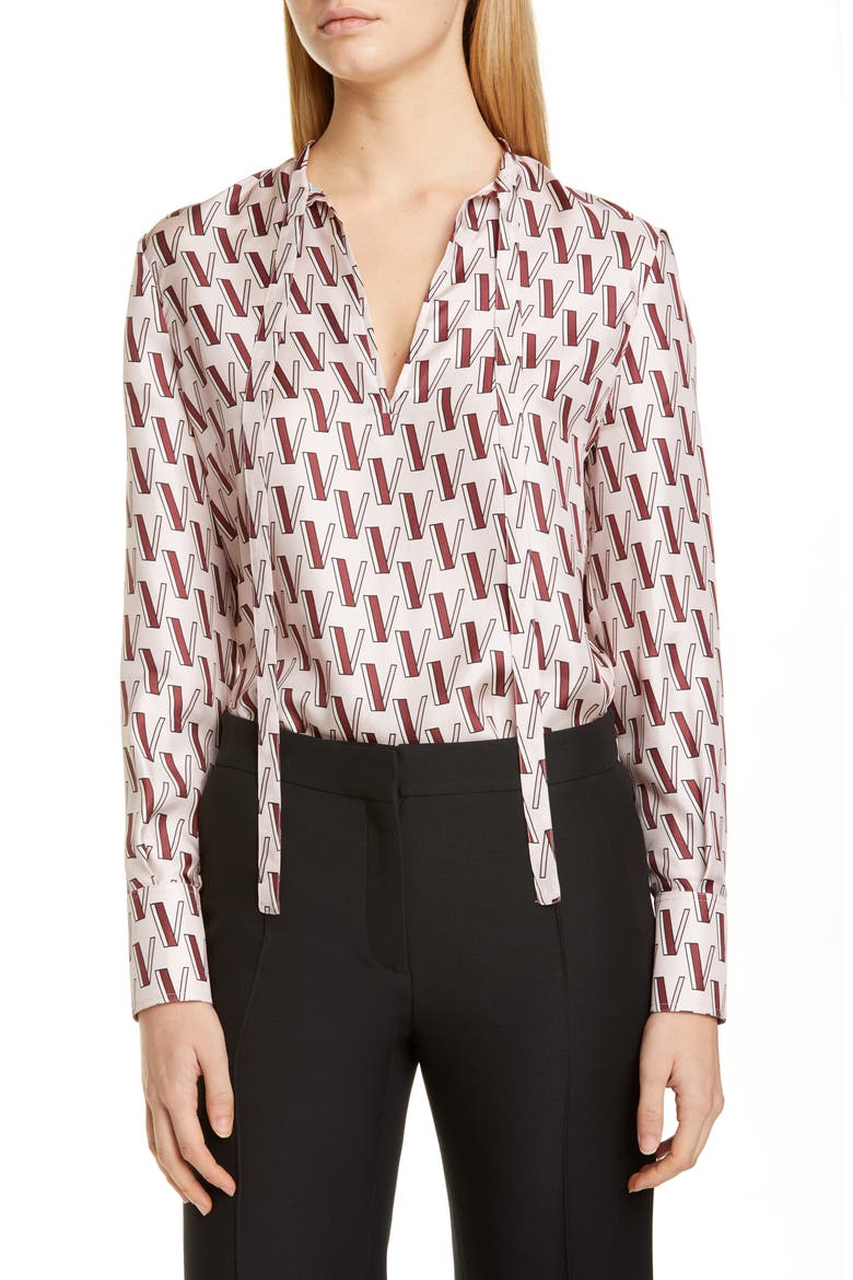 V-Print Tie Neck Silk Twill Blouse, Main, color, POUDRE