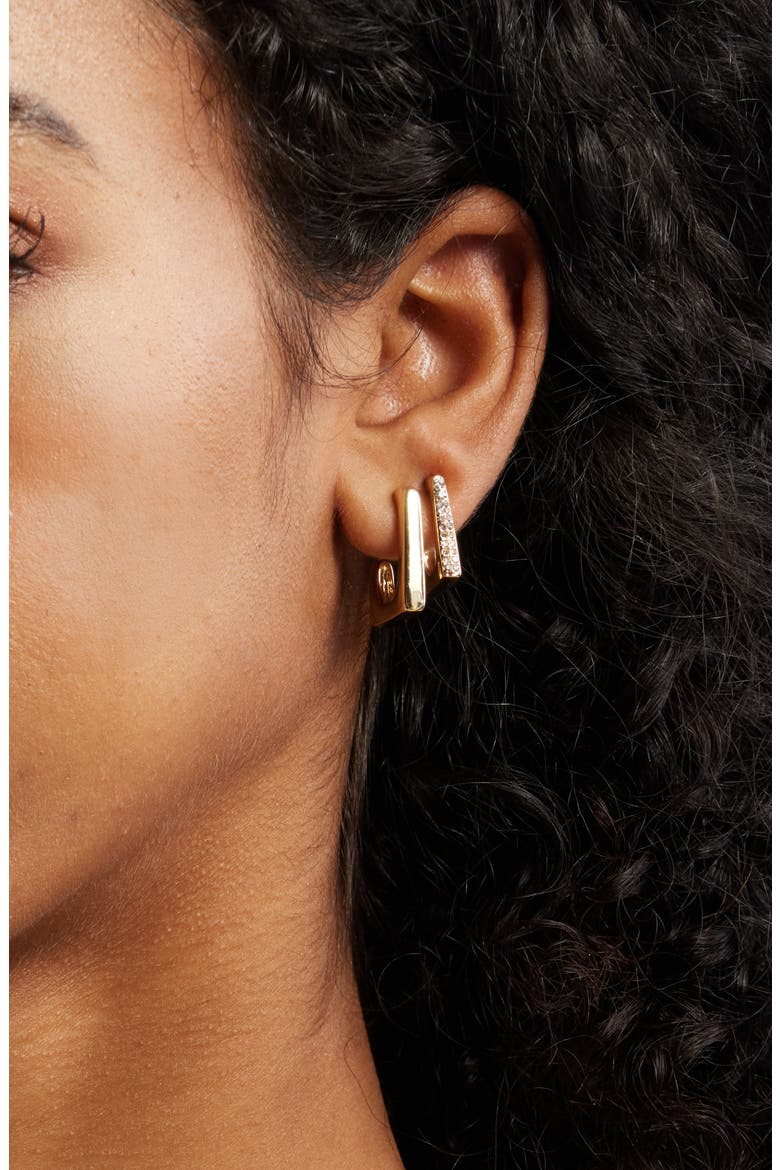 Set of 2 Squared Hoop Earrings, Alternate, color, CLEAR- GOLD