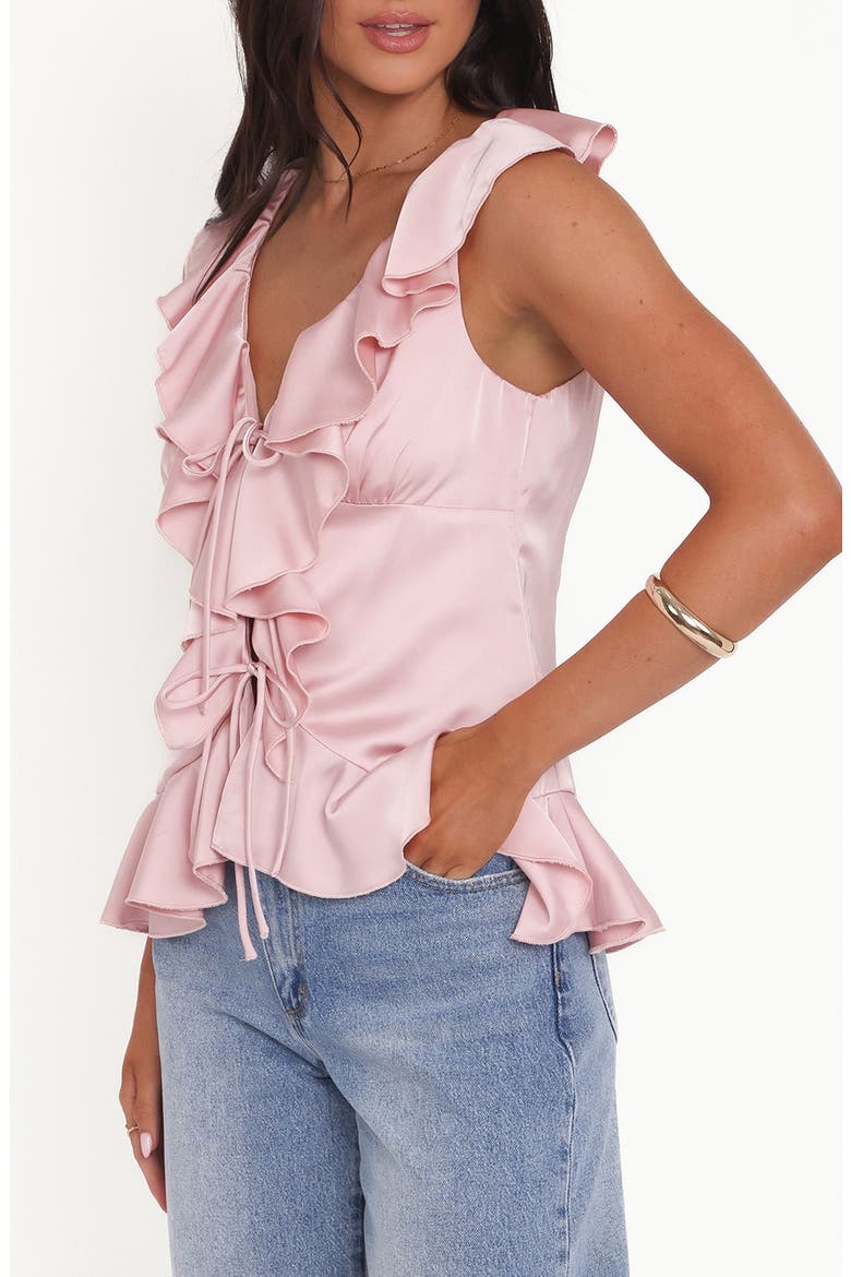 Orelia Tie Front Ruffle Satin Top, Alternate, color, PINK