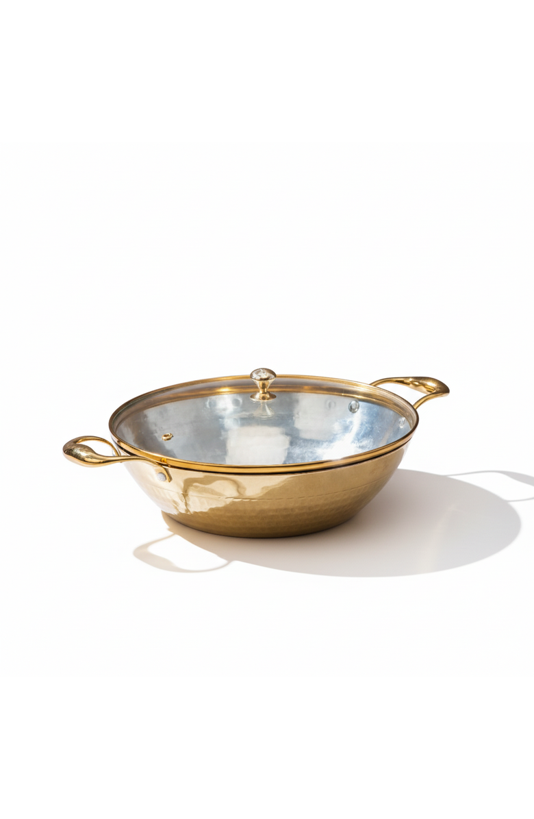 P-Tal Brass Flat Base Wok with Glass lid, Main, color, Brass
