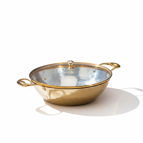 P-tal Brass Flat Base Wok With Glass Lid In Gold