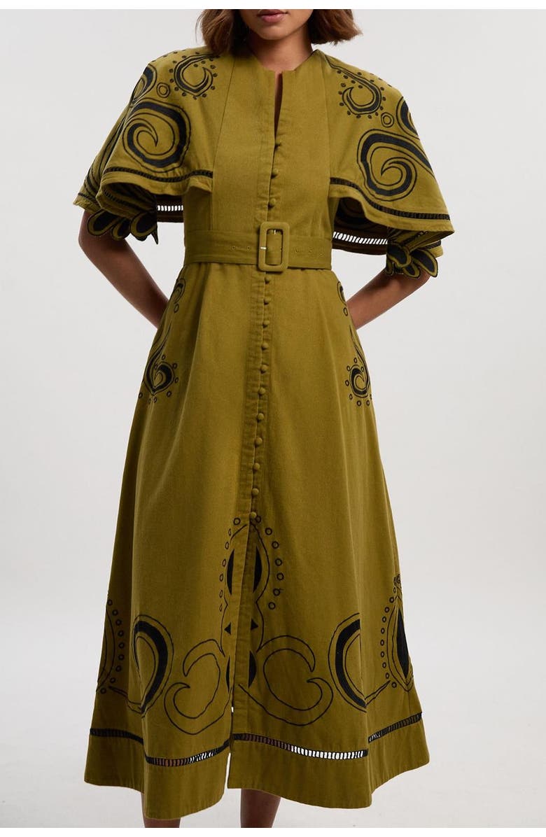 Karen Millen Baroque Cape Sleeve Midi Dress, Alternate, color, Khaki