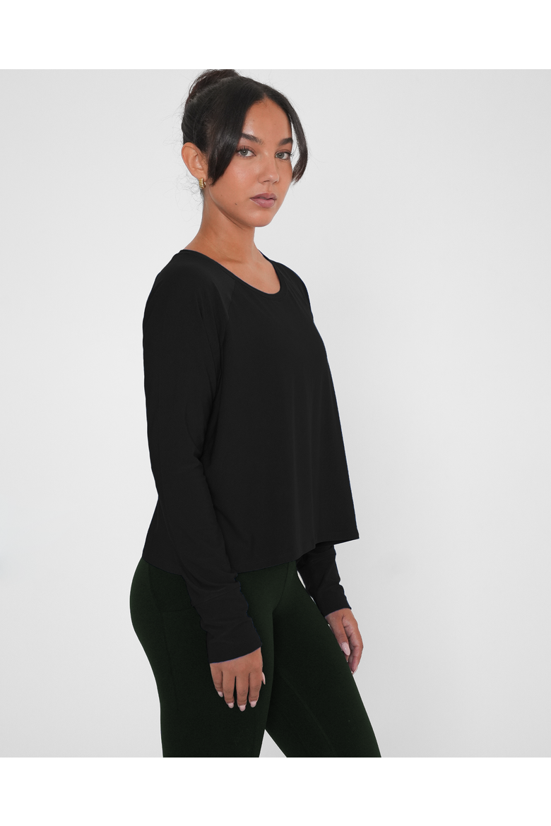 Sera Mid Length Boxy Nylon Long Sleeve Top, Alternate, color, Black