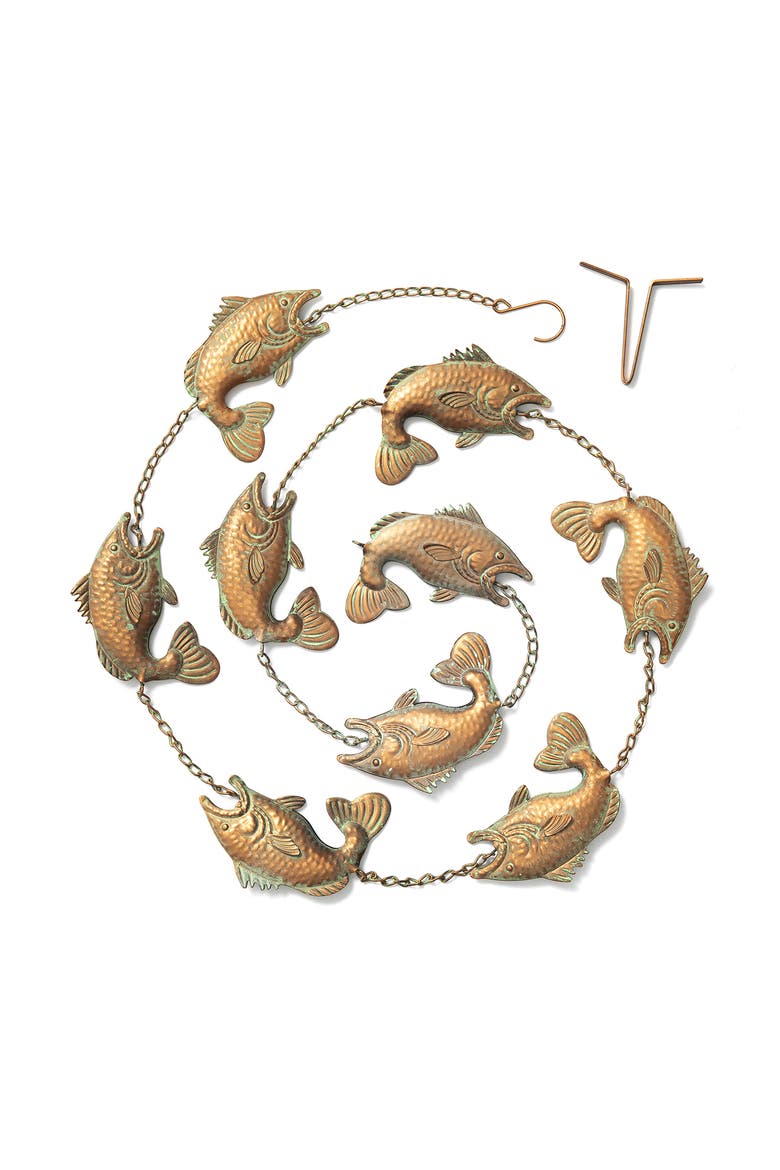 8.5ft Faux Copper Patina Finish Fish Shaped Rain Chain with Clip, Alternate, color, Gold