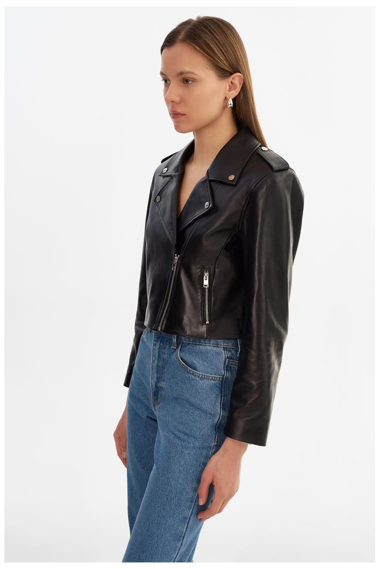 Denalda | Leather Cropped Biker Jacket, Alternate, color, Black