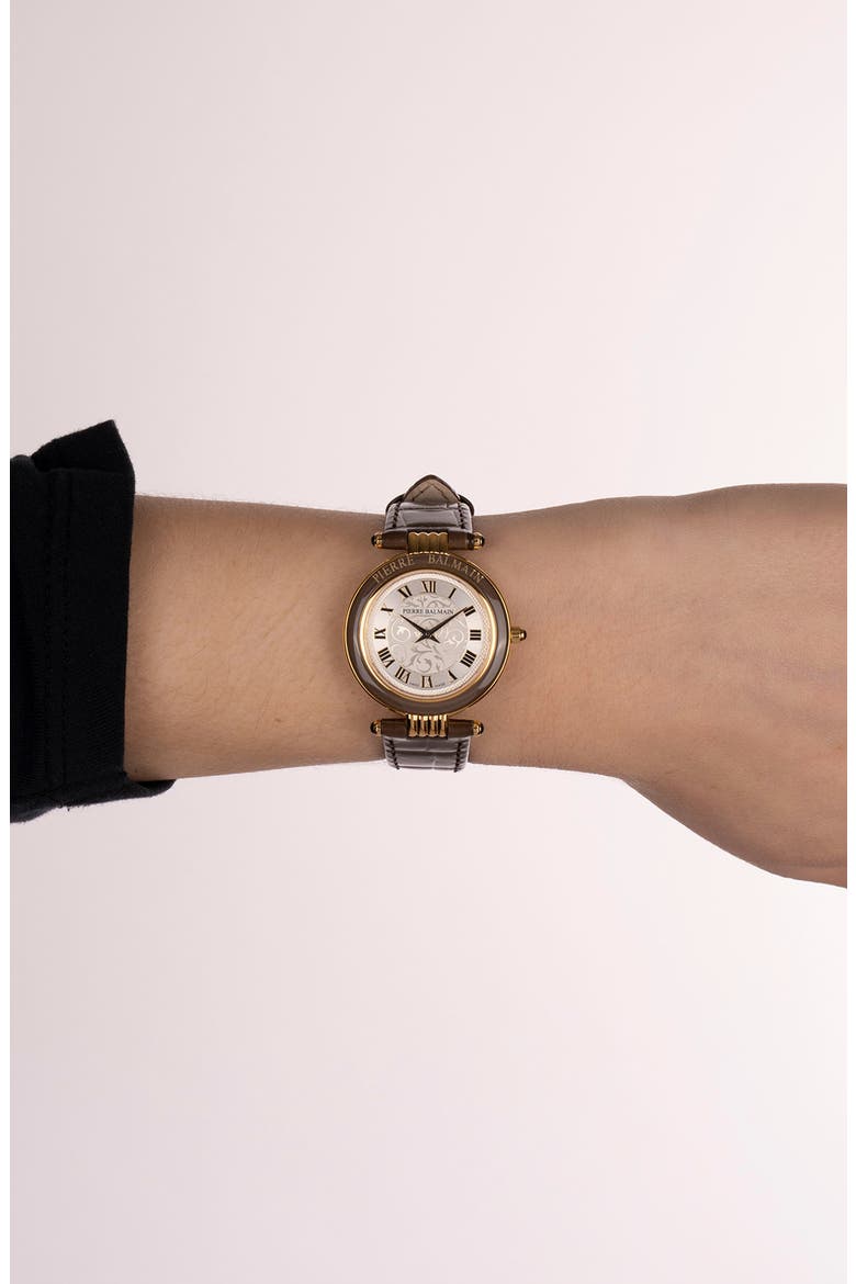 Haute Elegance Leather Strap Watch, 30mm, Alternate, color, STAINLESS STEEL WITH BROWN
