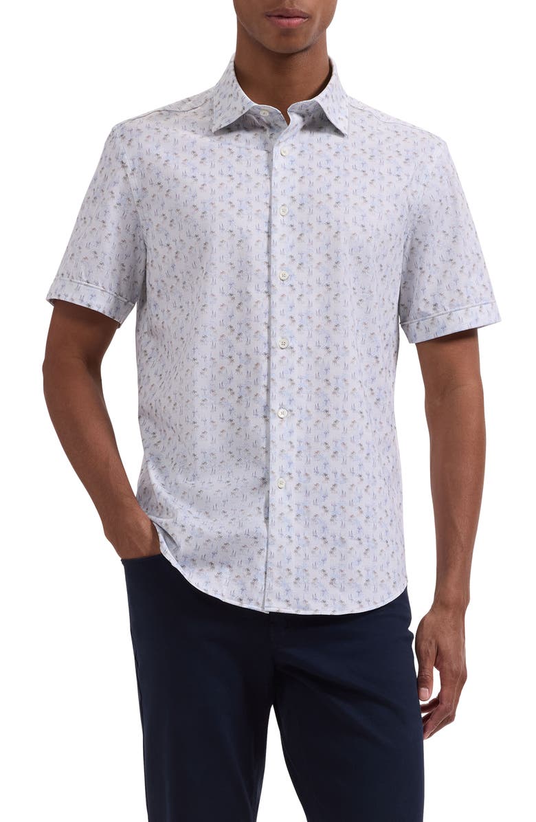 Bugatchi Miles OoohCotton<sup>®</sup> Tropical Sail Boat Print Short Sleeve Button-Up Shirt, Main, color, Air Blue