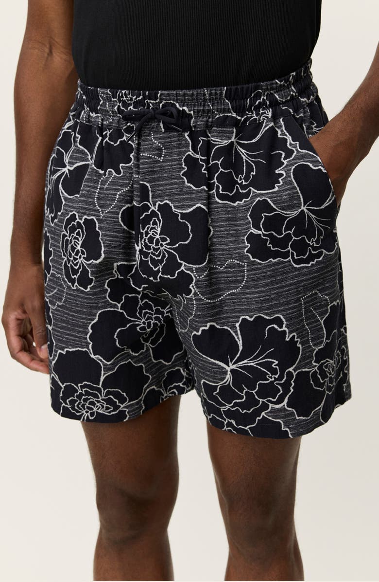 Les Deux Charlie Poppy Pattern Knit Cotton Blend Drawstring Shorts, Alternate, color, Black