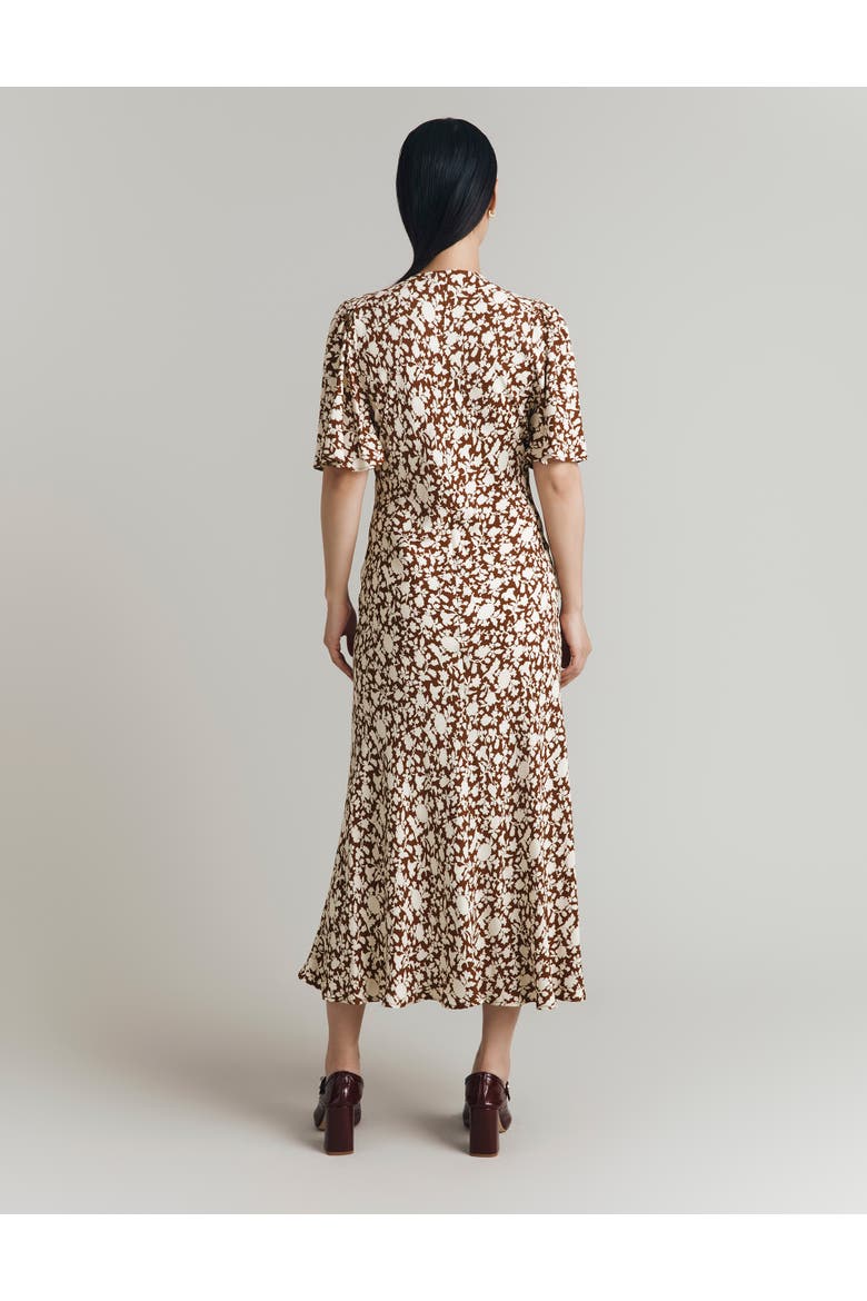 Minnie Crepe Printed Shirred Tea Dress, Alternate, color, Russet Floral