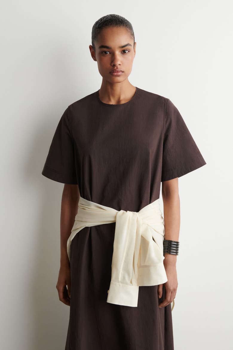 Raw-Cut Cotton Midi Dress, Alternate, color, BROWN