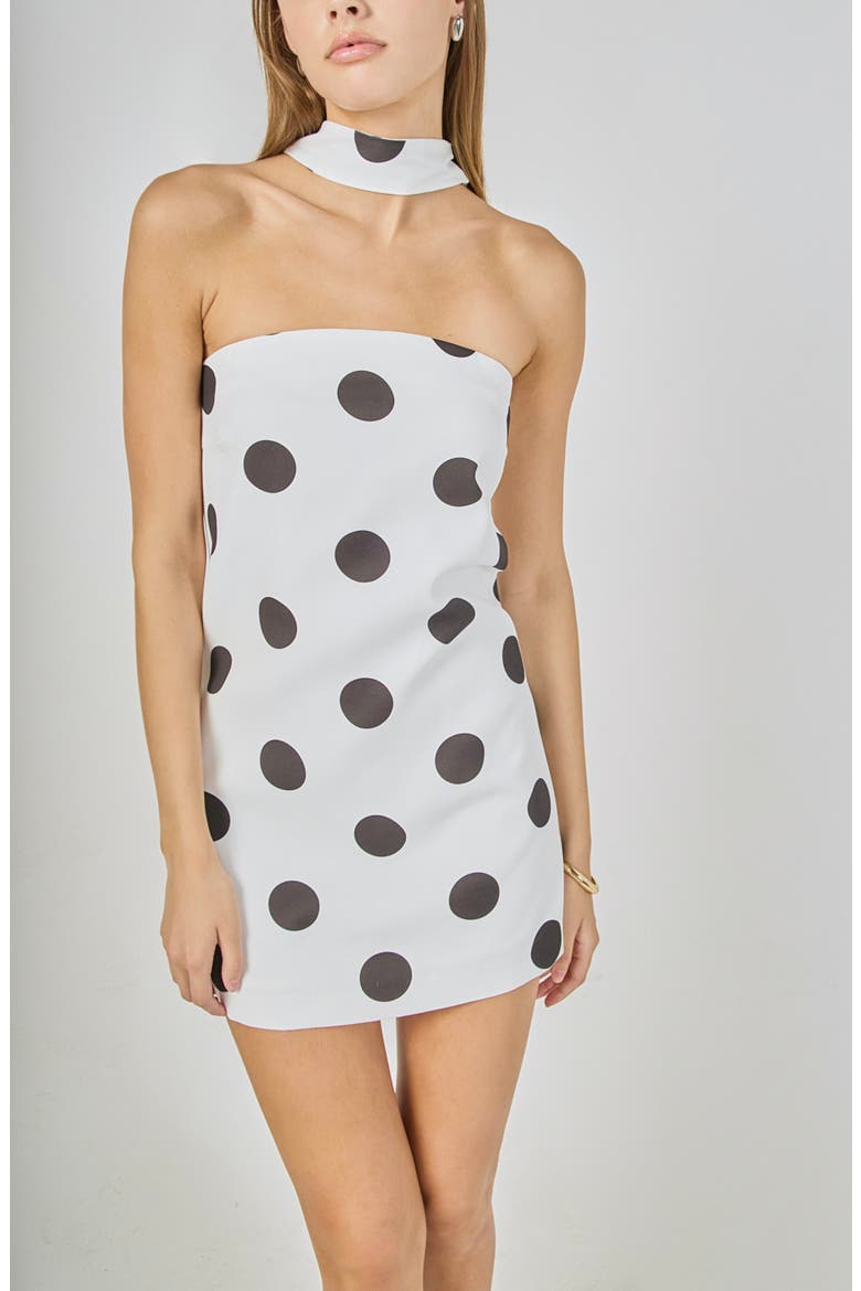 Polka Dot Choker Tie Minidress, Alternate, color, WHITE/ BLACK
