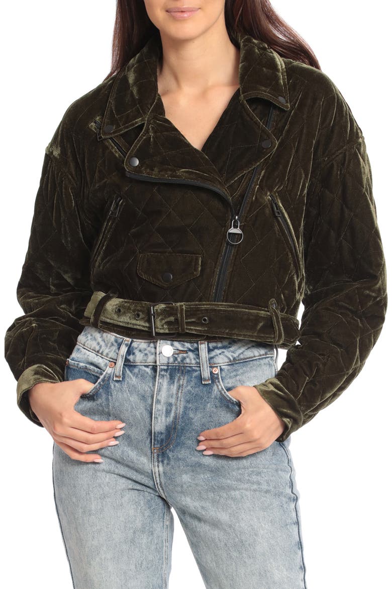 Quilted Velvet Moto Jacket, Alternate, color, OLIVE
