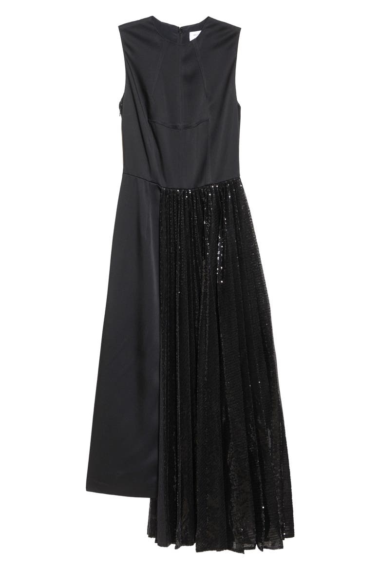Pleated Sequin Overlay Satin Sheath Dress, Alternate, color, BLACK