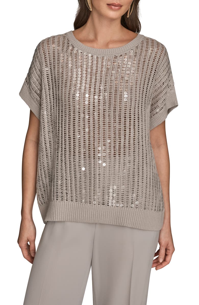 Donna Karan New York Sequin Open Stitch Short Sleeve Sweater, Main, color, Vapor