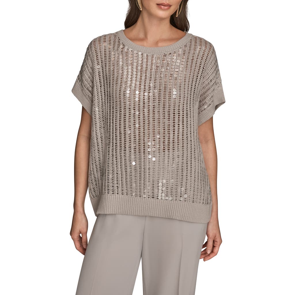Donna Karan New York Sequin Open Stitch Short Sleeve Sweater In Gray